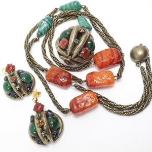 Vintage Art Deco Czech Glass Etruscan Style Necklace & Earrings Set 14K Gold